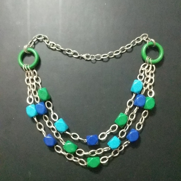 Silver Tone Blue and Green Beaded Multi Strand Statement Necklace - Picture 1 of 2